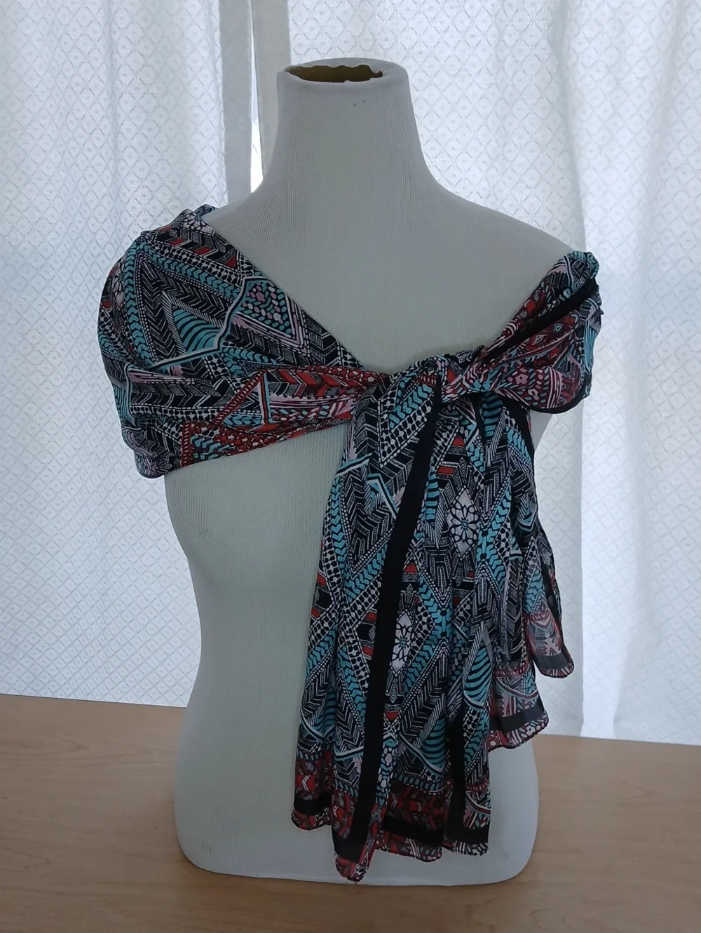 Geometric Tribal Print Lightweight Scarf Wrap - Black, Teal & Red